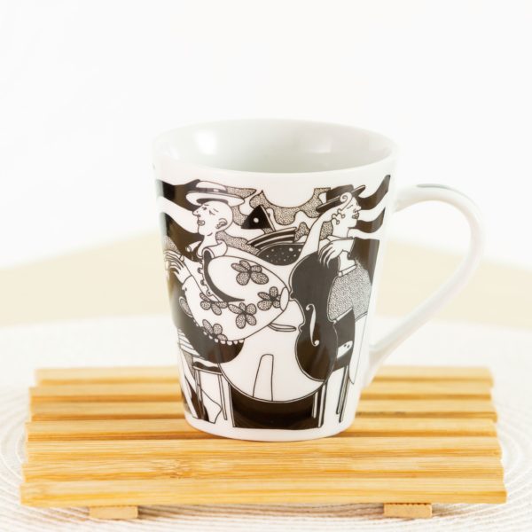 Caneca de porcelana decorada, 290 ml, xícara, café, chá - Músicos contrabaixo e violão