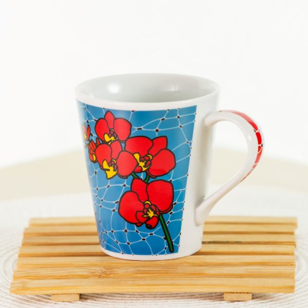 Caneca de porcelana decorada, 290 ml, xícara, café, chá - Orquídea Vermelha