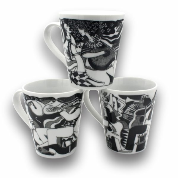 Canecas de porcelana brancas, cônicas, decoradas, 290 ml, xícara, café, chá - Coleção Músicos