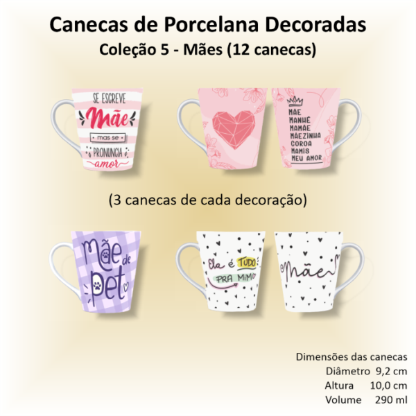 Canecas de porcelana brancas, cônicas, decoradas, 290 ml, xícara, café, chá, MÃES - 12 canecas
