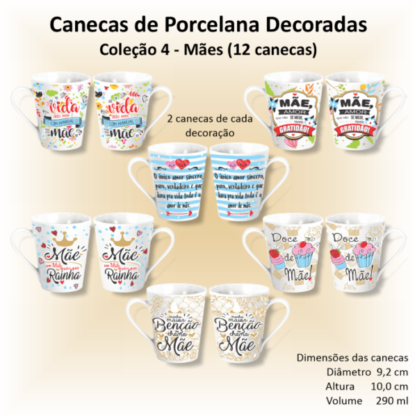 Canecas de porcelana brancas, cônicas, decoradas, 290 ml, xícara, café, chá, MÃES - 12 canecas