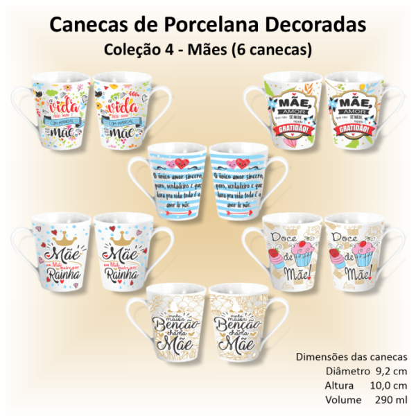 Canecas de porcelana brancas, cônicas, decoradas, 290 ml, xícara, café, chá, MÃES - 6 canecas