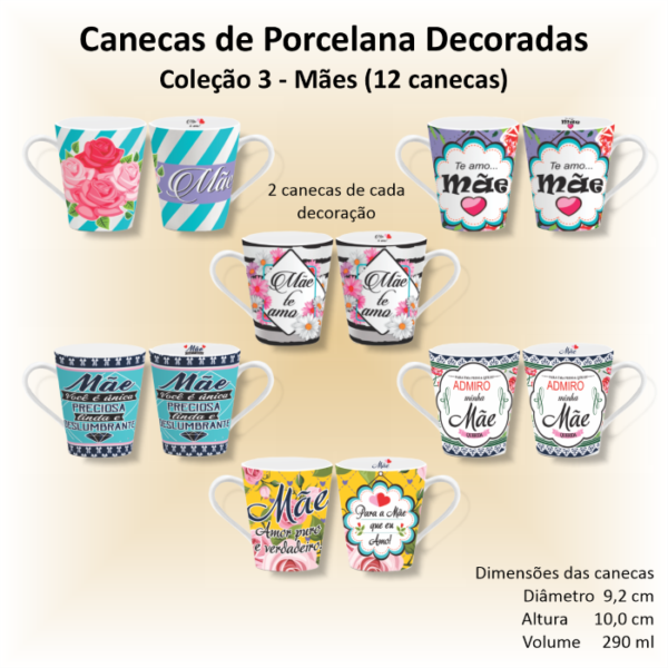 Canecas de porcelana brancas, cônicas, decoradas, 290 ml, xícara, café, chá, MÃES - 12 canecas