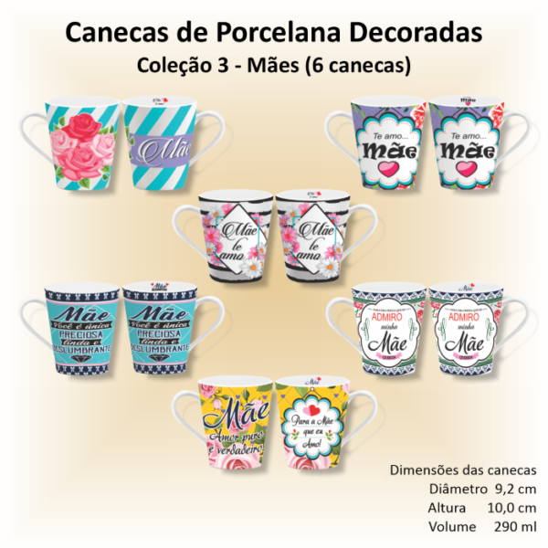 Canecas de porcelana brancas, cônicas, decoradas, 290 ml, xícara, café, chá, MÃES - 6 canecas