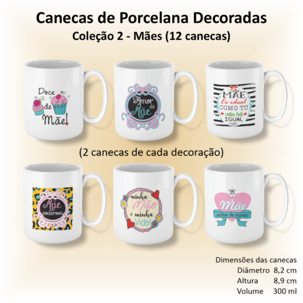 Canecas de porcelana brancas, retas, decoradas, 300 ml, xícara, café, chá, MÃES - 12 canecas