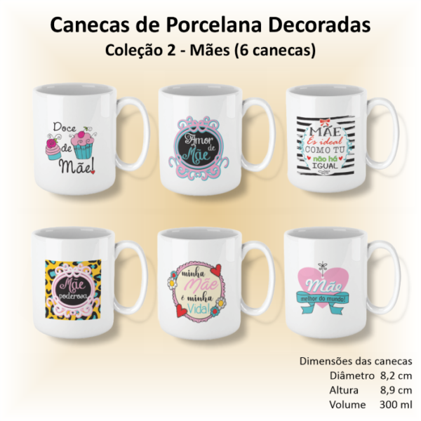Canecas de porcelana brancas, retas, decoradas, 300 ml, xícara, café, chá, MÃES - 6 canecas