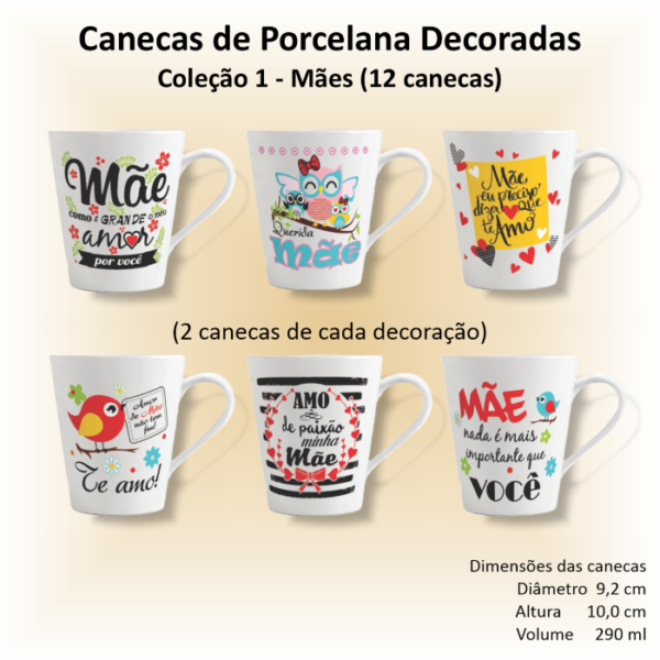 Canecas de porcelana brancas, cônicas, decoradas, 290 ml, xícara, café, chá, MÃES - 12 canecas