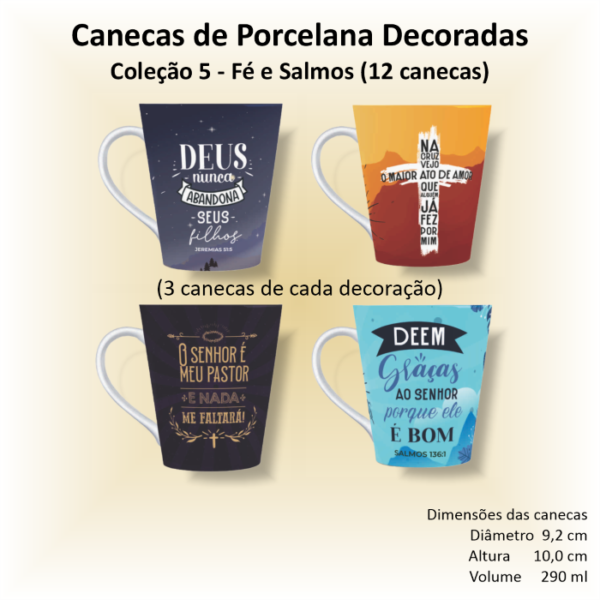 Canecas de porcelana decoradas - Coleção 05 - FÉ e SALMOS - 12 canecas
