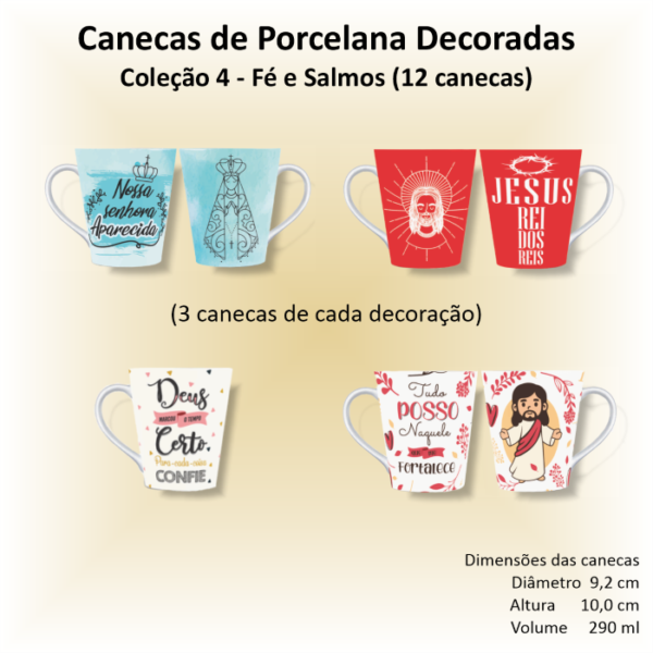 Canecas de porcelana decoradas - Coleção 04 - FÉ e SALMOS - 12 canecas