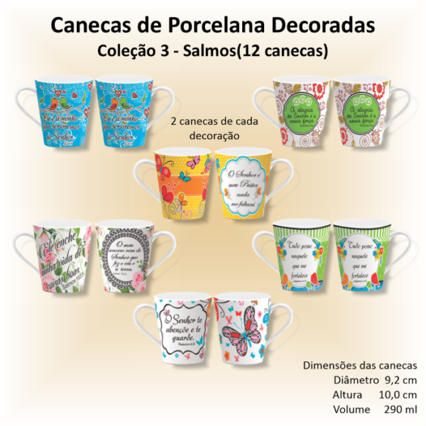 Canecas de porcelana decoradas - Coleção 03 - FÉ e SALMOS - 12 canecas