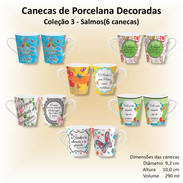 Canecas de porcelana decoradas - Coleção 03 - FÉ e SALMOS - 6 canecas