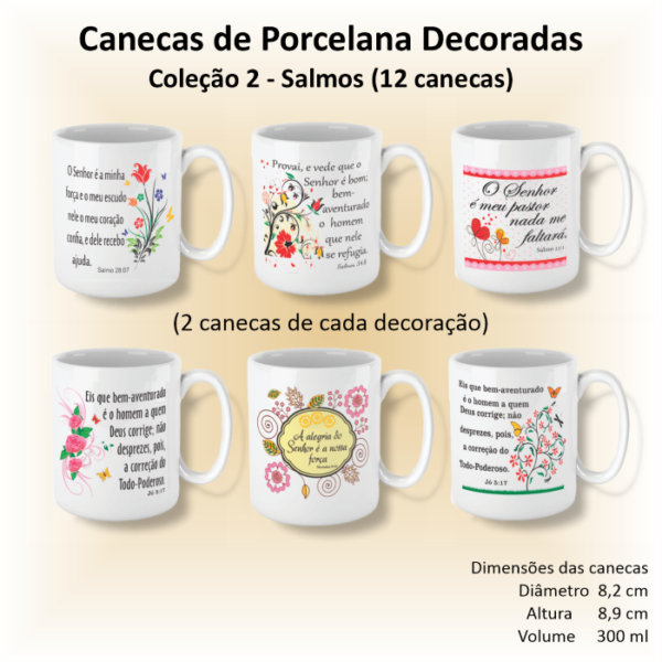 Canecas de porcelana decoradas - Coleção 02 - FÉ e SALMOS - 12 canecas