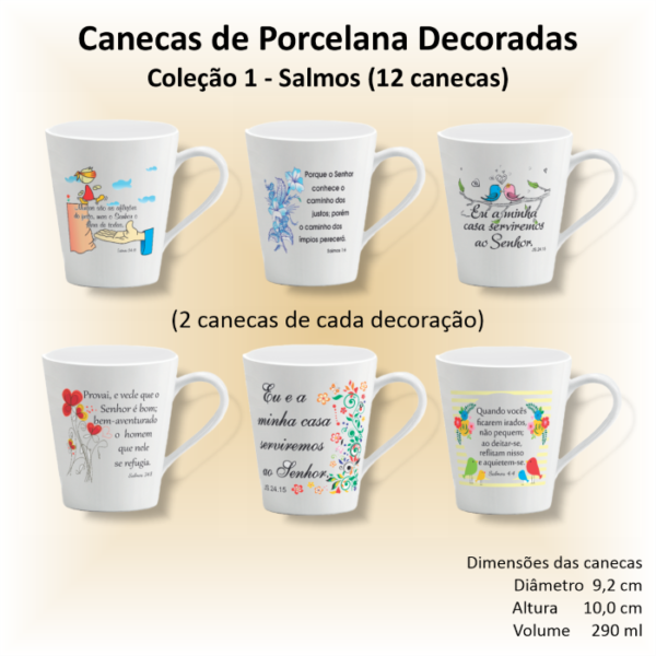 Canecas de porcelana decoradas - Coleção 01 - FÉ e SALMOS - 12 canecas