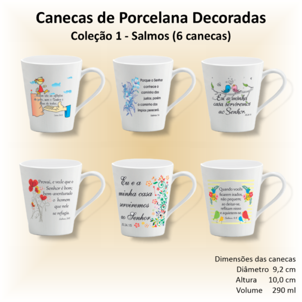 Canecas de porcelana decoradas - Coleção 01 - FÉ e SALMOS - 6 canecas