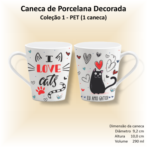 Caneca de porcelana decorada, 290 ml, xícara, café, chá - Eu amo gato com corações