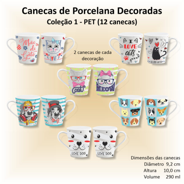 Canecas de porcelana decoradas - Coleção 01 - ANIMAIS e PETS - 12 canecas