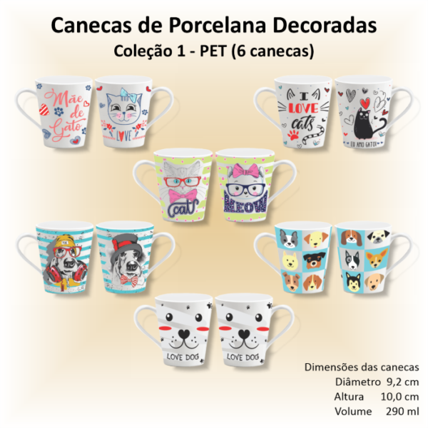 Canecas de porcelana decoradas - Coleção 01 - ANIMAIS E PETS - 6 canecas
