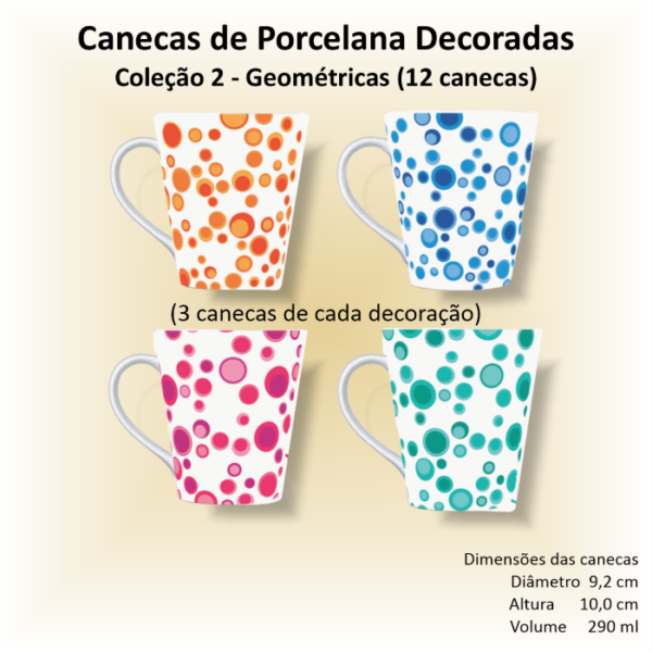 Canecas de porcelana brancas, cônicas, decoradas, xícara, café, chá, GEOMÉTRICA - 12 canecas