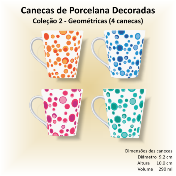 Canecas de porcelana brancas, cônicas, decoradas, xícara, café, chá, GEOMÉTRICA - 4 canecas