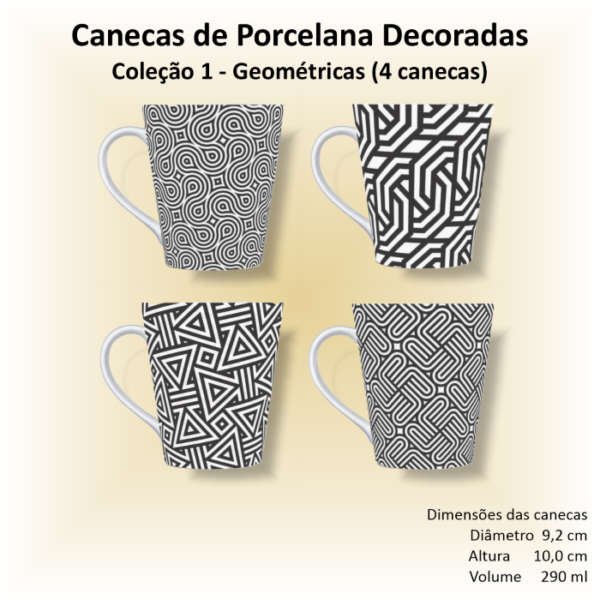 Canecas de porcelana brancas, cônicas, decoradas, xícara, café, chá, GEOMÉTRICA - 4 canecas