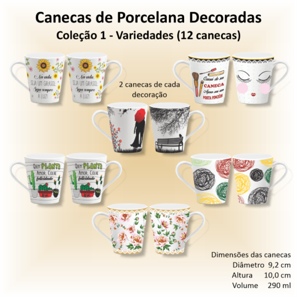 Canecas de porcelana decoradas - Coleção 01 - VARIEDADES - 12 canecas