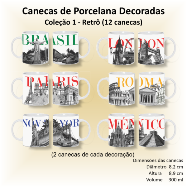 Canecas de porcelana decoradas, 300 ml, xícara, café, chá, Col1-RETRÔ - 12 canecas