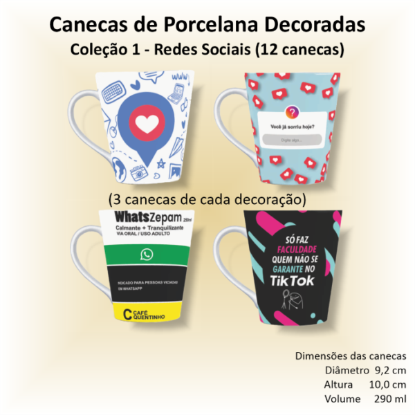 Canecas de porcelana decoradas - Coleção 01 - REDES SOCIAIS - 12 canecas