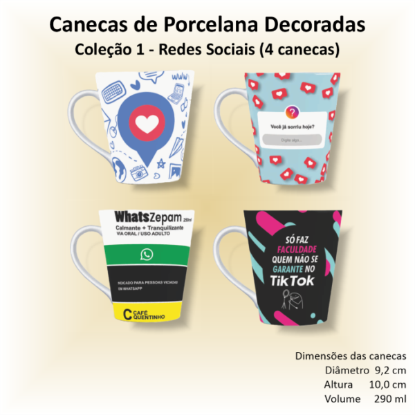 Canecas de porcelana decoradas - Coleção 01 - REDES SOCIAIS - 4 canecas