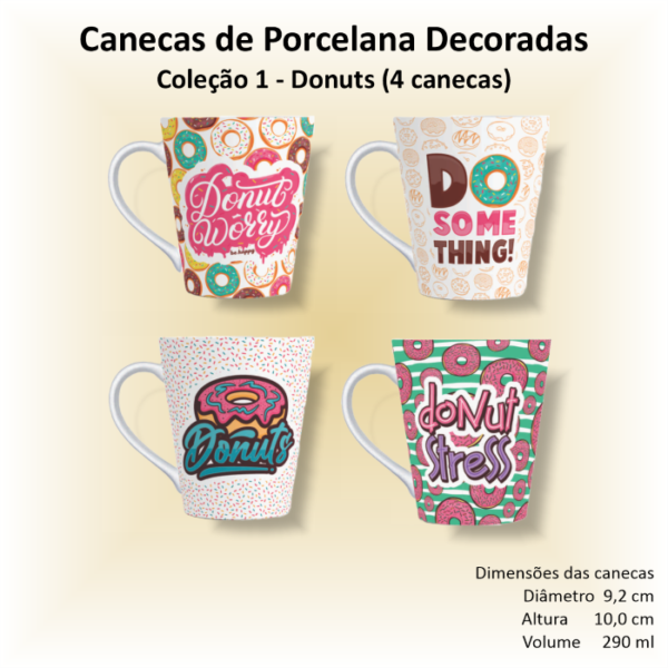 Canecas de porcelana brancas, cônicas, decoradas, 290 ml, xícara, café, chá, DONUTS - 4 canecas