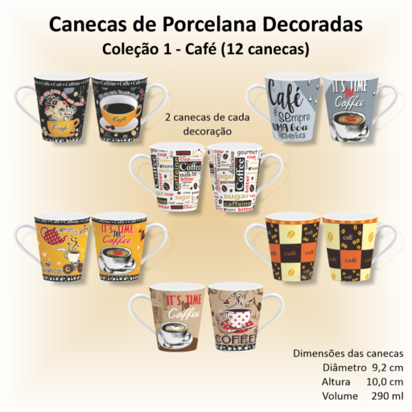 Canecas de porcelana brancas, cônicas, decoradas, 290 ml, xicara, café, chá, CAFÉ - 12 canecas