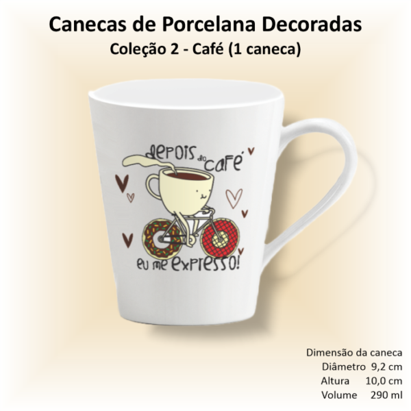 Caneca de porcelana branca, cônica, decorada, 290 ml, xicara, café, chá, CAFÉ - 1 caneca