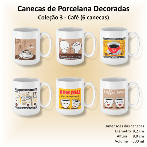 Canecas de porcelana brancas, retas, decoradas, 300 ml, xicara, café, chá, CAFÉ - 6 canecas