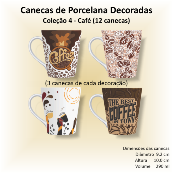 Canecas de porcelana brancas, cônicas, decoradas, 290 ml, xicara, café, chá, CAFÉ - 12 canecas