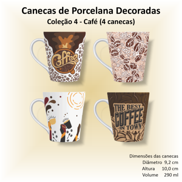 Canecas de porcelana brancas, cônicas, decoradas, 290 ml, xicara, café, chá, CAFÉ - 4 canecas