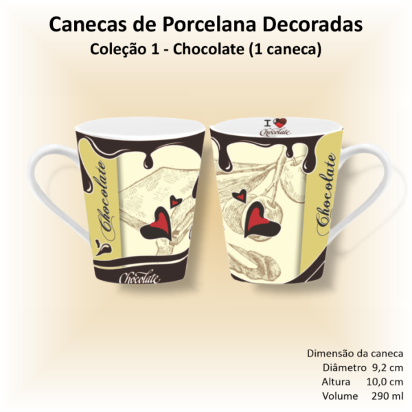 Caneca de porcelana branca, cônica, decorada, xicara, café, chá, 290 ml, CHOCOLATE - 1 caneca