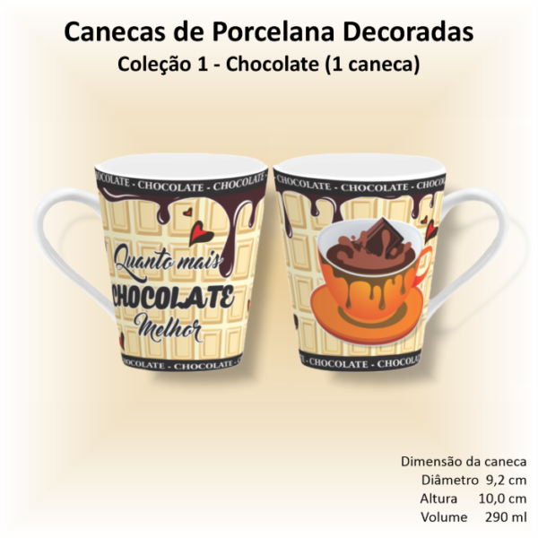 Caneca de porcelana branca, cônica, decorada, xicara, café, chá, 290 ml, CHOCOLATE - 1 caneca
