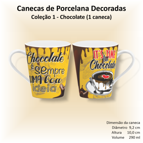 Caneca de porcelana branca, cônica, decorada, xicara, café, chá, 290 ml, CHOCOLATE - 1 caneca