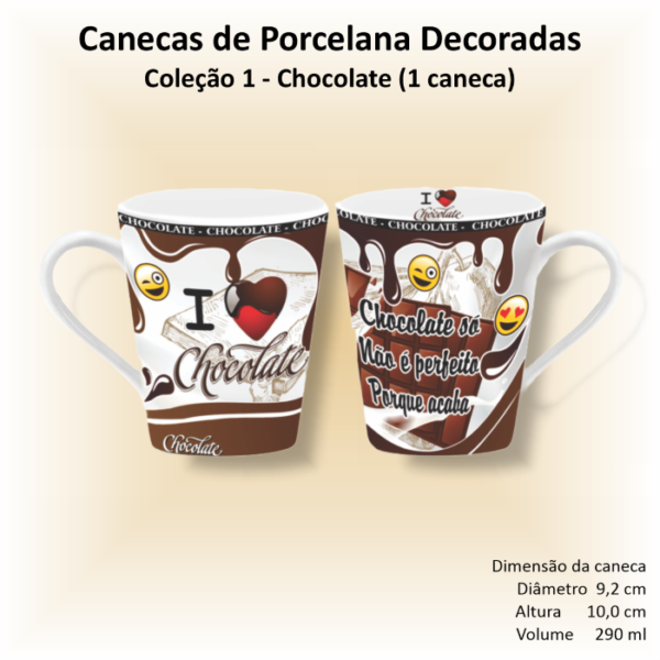 Caneca de porcelana branca, cônica, decorada, xicara, café, chá, 290 ml, CHOCOLATE - 1 caneca