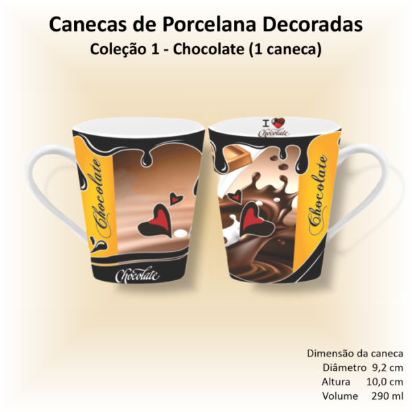 Caneca de porcelana branca, cônica, decorada, xicara, café, chá, 290 ml, CHOCOLATE - 1 caneca