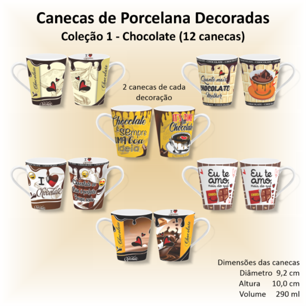 Canecas de porcelana brancas, cônicas, decoradas, xicara, café, chá, 290 ml, CHOCOLATE - 12 canecas