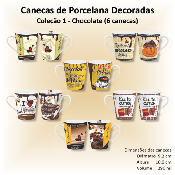 Canecas de porcelana brancas, cônicas, decoradas, xicara, café, chá, 290 ml, CHOCOLATE - 6 canecas