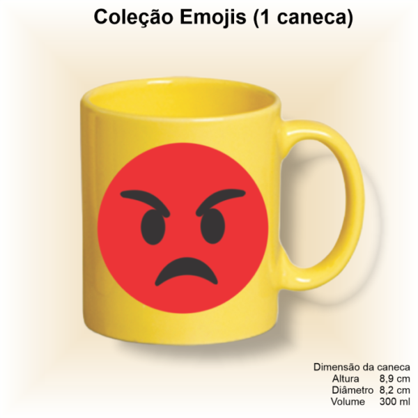 Caneca de porcelana amarela, reta, decorada, 300 ml, xícara, café, chá, Col1-EMOJIS (CARETAS) - 1 caneca