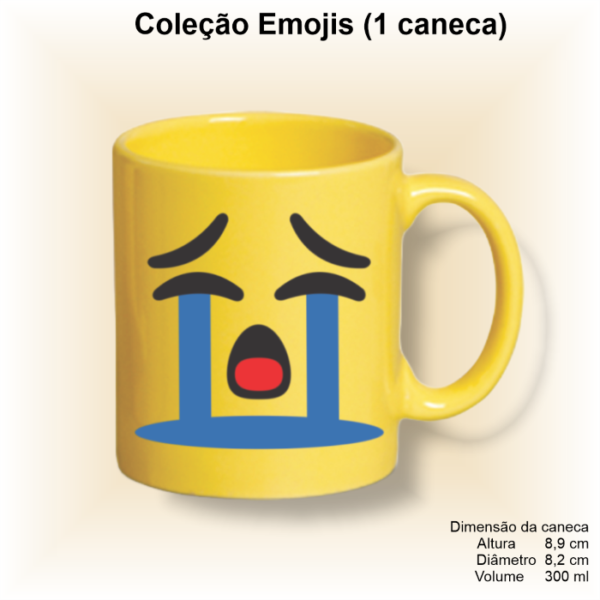 Caneca de porcelana amarela, reta, decorada, 300 ml, xícara, café, chá, Col1-EMOJIS (CARETAS) - 1 caneca