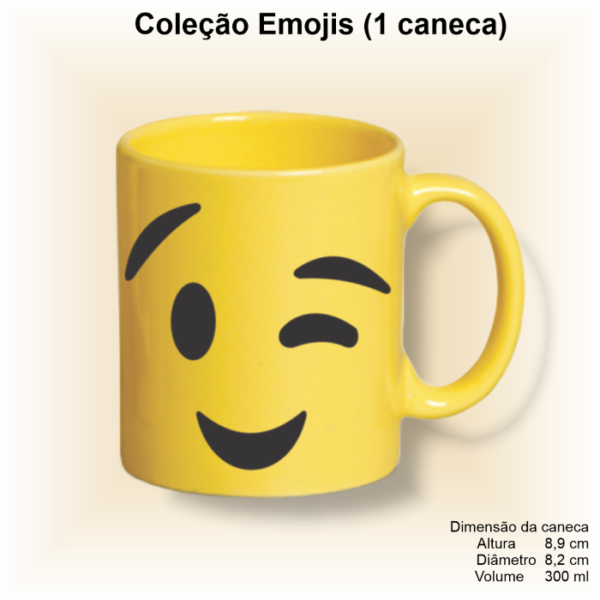 Caneca de porcelana amarela, reta, decorada, 300 ml, xícara, café, chá, Col1-EMOJIS (CARETAS) - 1 caneca
