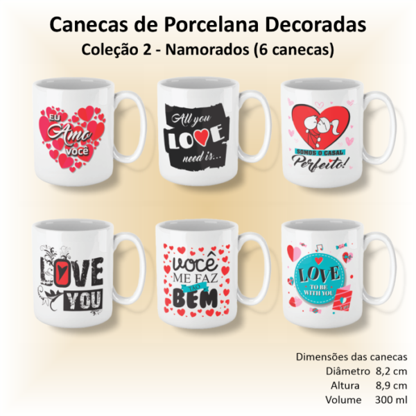 Canecas de porcelana brancas, retas, decoradas, 300 ml, xícara, café, chá, NAMORADOS - 6 canecas
