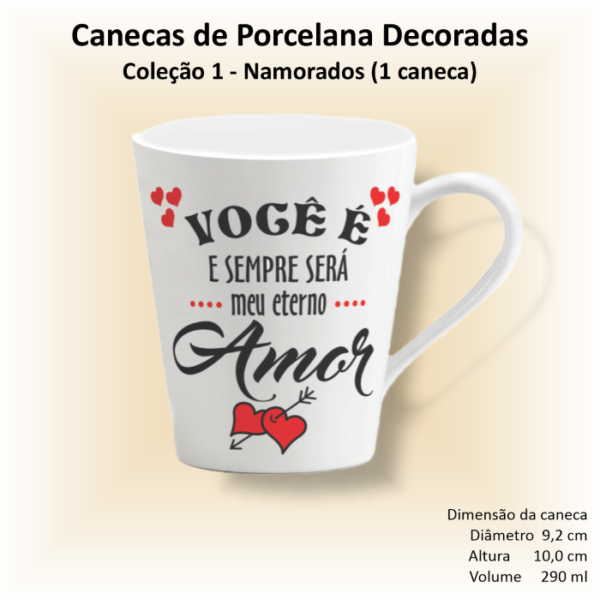 Caneca de porcelana branca, cônica, decorada, 290 ml, xícara, café, chá, NAMORADOS - 1 caneca