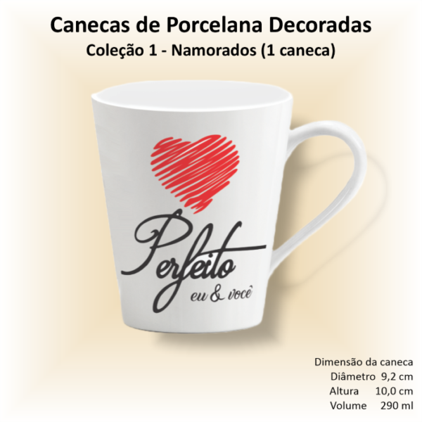 Caneca de porcelana decorada, 290 ml, xícara, café, chá, Col1-NAMORADOS - 1 caneca