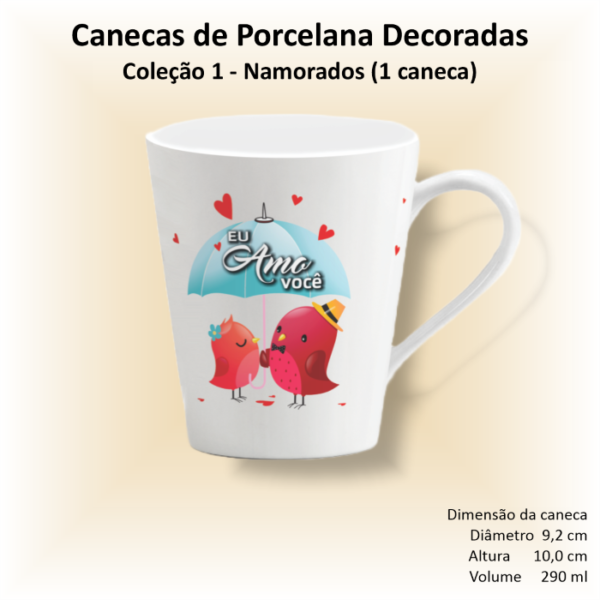 Caneca de porcelana decorada, 290 ml, xícara, café, chá, Col1-NAMORADOS - 1 caneca