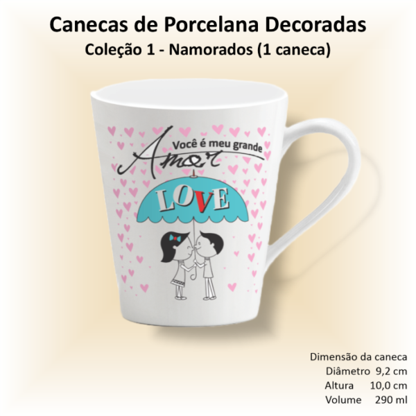 Caneca de porcelana decorada, 290 ml, xícara, café, chá, Col1-NAMORADOS - 1 caneca
