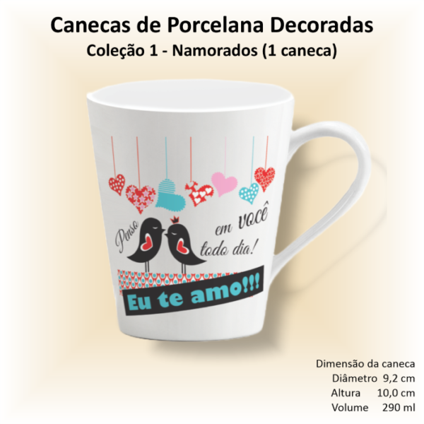 Caneca de porcelana branca, cônica, decorada, 290 ml, xícara, café, chá, NAMORADOS - 1 caneca